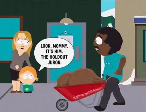 Black Holdout Juror, Black vs White, Cartoon Memes, Current Event Memes, Funniest Memes, Judgement Memes, Kid Memes, Law Memes, Mom Memes, News Memes, Twitter Memes, A South Park–style cartoon scene shows a nervous-looking blonde mother standing on a sidewalk with a small child beside her. The child points toward a Black man pushing a red wheelbarrow full of dirt, as if spotting someone infamous in public.