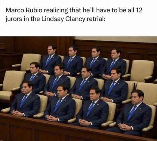 AI Memes, Child Abuse Memes, Current Event Memes, Dark Humor, Funniest Memes, Government Memes, Homicide Memes, Judgement Memes, Law Memes, Lindsay Clancy, News Memes, Political Memes, Tragedy Memes, A courtroom jury box is filled with twelve identical copies of Marco Rubio, each seated stiffly in a dark suit and blue tie with the same serious, locked-in expression. The repeated faces make the jury look less like a panel of citizens and more like one overworked political figure cloned into every chair. Above the image, the caption reads: “Marco Rubio realizing that he’ll have to be all 12 jurors in the Lindsay Clancy retrial:” The clean white caption area contrasts with the formal courtroom setting, making the absurd visual punchline land immediately.