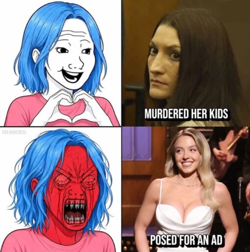 Angry Wokies, Celebrity Memes, Child Abuse Memes, Commercial Memes, Current Event Memes, Dark Humor, Funniest Memes, Homicide Memes, Leftist Memes, Lindsay Clancy, Political Memes, Sydney Sweeney Nude ad, Woke Idiot Memes, A four-panel comparison meme pairs a blue-haired Wojak-style character with two real-world images. In the top-left panel, the cartoon smiles sweetly and makes a heart with her hands; beside it is a courtroom image of a woman captioned “MURDERED HER KIDS.” In the bottom-left panel, the same blue-haired character has transformed into a red-faced screaming monster; beside it is Sydney Sweeney smiling in a low-cut white outfit with the caption “POSED FOR AN AD.” The layout is stark and intentionally exaggerated: calm approval or indifference is placed next to an alleged/real child-killing case, while explosive rage is placed next to a glamorous celebrity ad image. The misspelled/garbled phrase “ENDO WOKENESS” appears like a faint watermark or slogan over the left side, reinforcing the anti-woke framing.