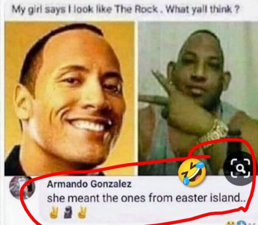 Celebrity Memes, Double Meaning Memes, Funniest Memes, Funny Comments Memes, Funny Looking People Memes, Girlfriend Memes, Looks Memes, Mean Comment Memes, Play on Words Memes, Pop Culture Memes, Roast Memes, Rock Memes, Social Media Memes, The meme shows a side-by-side comparison: on the left is a polished, smiling photo of Dwayne “The Rock” Johnson, and on the right is a blurry selfie of a man posing with his hand under his chin. Across the top, the poster asks, “My girl says I look like The Rock . What yall think ?” as if he is expecting people to agree with the flattering celebrity comparison. The punchline comes from a comment circled in thick red: “she meant the ones from easter island..” A laughing emoji sticker is placed over part of the image, emphasizing that the comment is the joke and turning the post into a public roast.