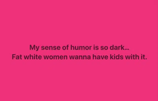 Dark Humor, Fat Joke Memes, Funniest Memes, Funny Text Memes, NSFW, Offensive Memes, Racist Memes, Relationship Memes, Sexist Memes, Stereotype Memes, White Girl Memes, White People Memes, Women Memes, A minimalist text-only meme fills the frame with a bright hot-pink background. Centered near the lower middle is large, bold, dark lettering that reads: “My sense of humor is so dark... Fat white women wanna have kids with it.” The image has no characters or visual scene beyond the high-contrast typography, so the joke relies entirely on the wording, timing, and shock value of the punchline.