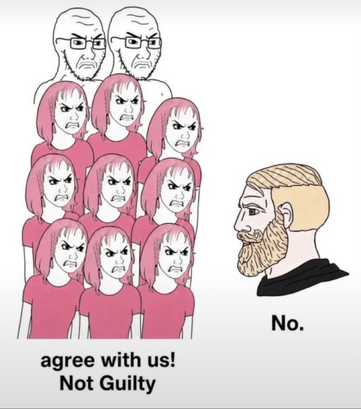 Alpha Memes, Angry Memes, Argument Memes, Conversation Memes, Funniest Memes, Guy Memes, Judgement Memes, Law Memes, Lindsay Clancy, Social Memes, Women Memes, A simple Wojak-style drawing shows a large group of angry, pink-haired figures glaring and demanding agreement, with two stern-looking men looming behind them. Facing them from the right is a blond, bearded “Chad” character in profile, calm and unbothered, answering with a single blunt word: “No.” The bottom text reads “agree with us!” followed by “Not Guilty,” framing the scene like a confrontation where a crowd expects compliance but the lone man refuses to give in.