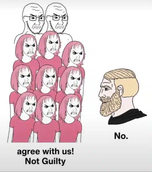 Alpha Memes, Angry Memes, Argument Memes, Conversation Memes, Funniest Memes, Guy Memes, Judgement Memes, Law Memes, Lindsay Clancy, Social Memes, Women Memes, A simple Wojak-style drawing shows a large group of angry, pink-haired figures glaring and demanding agreement, with two stern-looking men looming behind them. Facing them from the right is a blond, bearded “Chad” character in profile, calm and unbothered, answering with a single blunt word: “No.” The bottom text reads “agree with us!” followed by “Not Guilty,” framing the scene like a confrontation where a crowd expects compliance but the lone man refuses to give in.