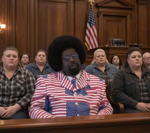 American Memes, Fashion Memes, Funniest Memes, Funny Looking People Memes, Law Memes, Patriotic Memes, Style Memes, Weird Memes, WTF Memes, A solemn courtroom scene shows rows of serious-looking people seated behind a man in the foreground who stands out dramatically. He has a large rounded afro, reflective American-flag sunglasses, and a loud red-white-and-blue suit patterned like the U.S. flag, complete with stars and stripes.