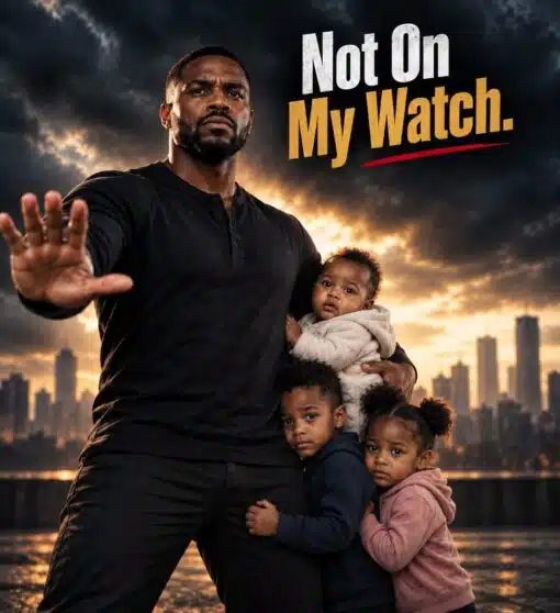 Black Holdout Juror, Dad Memes, Family Memes, Funniest Memes, Kids vs Parents Memes, Motivational Memes, Parent Memes, Super Hero Memes, A stern, muscular father figure stands in front of a dramatic stormy skyline at sunset, holding one small child while two others cling to him. His arm is stretched forward with an open palm, like he is physically blocking danger from reaching them.