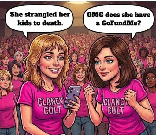 Child Abuse Memes, Current Event Memes, Dark Humor, Death Memes, Funniest Memes, Homicide Memes, Lindsay Clancy, Mom Memes, News Memes, Offensive Memes, Parent Memes, Social Media Memes, Tragedy Memes, The image is a glossy, cartoon-style scene of a packed indoor rally or meeting hall filled mostly with smiling women in bright pink shirts. In the foreground, two women face each other enthusiastically; both shirts read “CLANCY CULT,” and one holds up a phone as if checking social media or a donation page. The left speech bubble says, “She strangled her kids to death.” The right speech bubble replies, “OMG does she have a GoFundMe?” The upbeat expressions, matching shirts, and crowd atmosphere clash sharply with the grim subject matter.