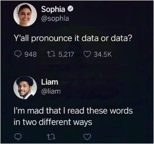 Accent Memes, Confused Memes, Conversation Memes, Double Meaning Memes, Frustrated Memes, Funniest Memes, Funny Text Memes, Internet Memes, Language Memes, Play on Words Memes, Social Media Memes, Twitter Memes, A dark-mode Twitter-style screenshot shows a post from Sophia, whose profile picture and verified check appear beside the handle @sophla. Her tweet asks, “Y'all pronounce it data or data?” with engagement numbers underneath, making it look like a widely shared social media joke.
