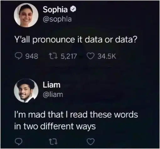 Accent Memes, Confused Memes, Conversation Memes, Double Meaning Memes, Frustrated Memes, Funniest Memes, Funny Text Memes, Internet Memes, Language Memes, Play on Words Memes, Social Media Memes, Twitter Memes, A dark-mode Twitter-style screenshot shows a post from Sophia, whose profile picture and verified check appear beside the handle @sophla. Her tweet asks, “Y'all pronounce it data or data?” with engagement numbers underneath, making it look like a widely shared social media joke.