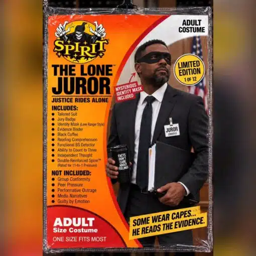 Black Holdout Juror, Coffee Memes, Costume Memes, Current Event Memes, Fake Movie Posters, Funniest Memes, Halloween Memes, Judgement Memes, Law Memes, Mask Memes, Media Memes, Political Memes, Super Hero Memes, The image is styled like a plastic-wrapped Spirit Halloween costume package, complete with orange-and-black branding, fake product copy, and a model posed like a serious courtroom vigilante. The “costume” is called “The Lone Juror,” showing a man in a tailored black suit, black identity mask, juror badge, coffee cup, and evidence binder, with a courtroom and American flag blurred behind him. The package copy turns jury duty into superhero gear: “Reading Comprehension,” “Functional BS Detector,” “Independent Thought,” and a “Double-Reinforced Spine™” are listed as included features, while “Peer Pressure,” “Media Narratives,” and “Guilty by Emotion” are “not included.” The labels “LIMITED EDITION 1 OF 12” and “Rated for 11-to-1 Pressure” frame him as the single juror standing apart from the rest.