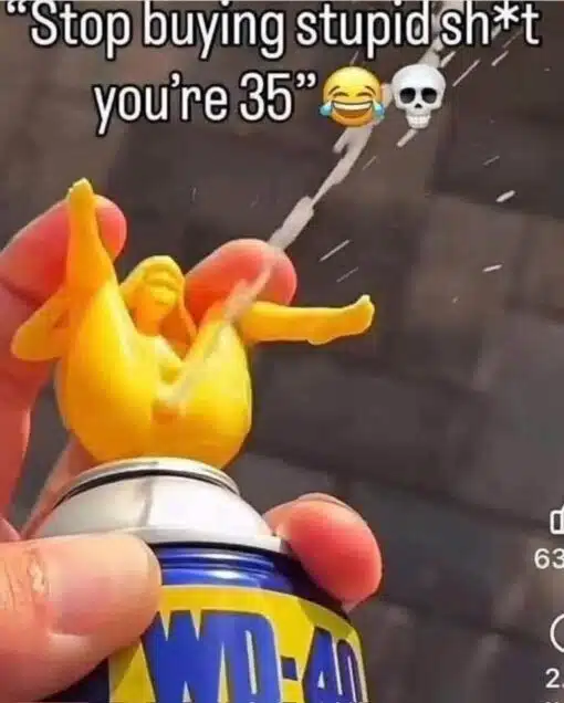Funniest Memes, Funny Text Memes, Getting Old Memes, Immature Memes, Mid Life Crisis Memes, Shopping Memes, Tool Memes, Weird Memes, A close-up photo shows someone holding a can of WD-40 with a tiny yellow rubber chicken-like toy attached near the spray nozzle. The little figure is posed absurdly over the top of the can while the thin straw shoots a stream of spray outward, turning a normal household maintenance product into a ridiculous novelty gadget. Across the top, bold white meme text reads: "Stop buying stupid sh*t you're 35" 😂💀. The WD-40 label is visible at the bottom, making the punchline land immediately: this is supposedly a grown-up purchase, but it is still extremely silly.