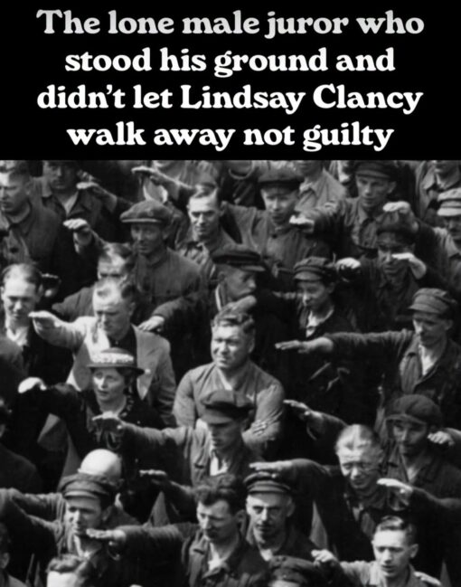 Current Event Memes, Dark Humor, Death Memes, Funniest Memes, History Memes, Homicide Memes, Judgement Memes, Law Memes, Lindsay Clancy, Nazi Memes, News Memes, Offensive Memes, Tragedy Memes, A bold block of white text sits on a black background above a grainy black-and-white historical crowd photo. In the image, nearly everyone in the crowd has an arm raised in a Nazi salute, while one man near the center stands out with his arms crossed, looking stubbornly unmoved as the rest of the crowd conforms around him.