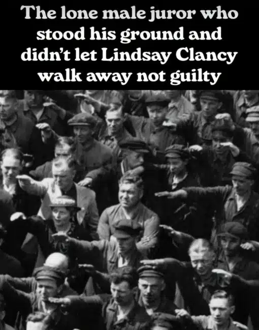 Current Event Memes, Dark Humor, Death Memes, Funniest Memes, History Memes, Homicide Memes, Judgement Memes, Law Memes, Lindsay Clancy, Nazi Memes, News Memes, Offensive Memes, Tragedy Memes, A bold block of white text sits on a black background above a grainy black-and-white historical crowd photo. In the image, nearly everyone in the crowd has an arm raised in a Nazi salute, while one man near the center stands out with his arms crossed, looking stubbornly unmoved as the rest of the crowd conforms around him.