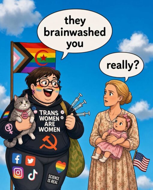 Activist Memes, American Memes, Communist Memes, Conversation Memes, Funniest Memes, LGBTQ+ Memes, Liberal vs Conservative Memes, Political Memes, Pride Memes, Pronoun Memes, Science Memes, Social Media Memes, Trans Memes, Woke Idiot Memes, A bright, cartoon-style scene shows two contrasting figures under a blue sky. On the left, a loud, excited activist-like character stands covered in political and identity symbols: rainbow face paint, a Progress Pride-style flag, pronoun buttons, social media logos, a hammer-and-sickle emblem, and clothing that says “TRANS WOMEN ARE WOMEN” and “SCIENCE IS REAL.” They are holding a cat with a “they/them” tag and several syringes, while a speech bubble says, “they brainwashed you.” On the right, a more traditionally dressed woman holds a baby and looks back with a skeptical, uneasy expression. A small American flag appears beside her, and her speech bubble says, “really?” The whole image is staged like a visual argument between two exaggerated political/cultural archetypes.
