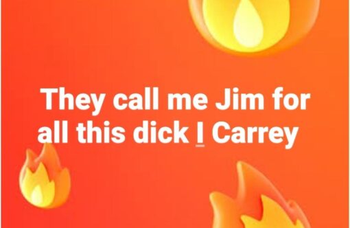 Celebrity Memes, Dirty Mind Memes, Dirty Text Memes, Double Meaning Memes, Funniest Memes, Innuendo Memes, Jim Carrey Memes, NSFW, Penis Memes, Play on Words Memes, Pop Culture Memes, Pun Memes, Sex Memes, A bright orange-red meme background fills the frame, decorated with flame emojis that make the whole image feel intentionally “hot” and over-the-top. In the center, large bold white text reads: “They call me Jim for all this dick I Carrey.”