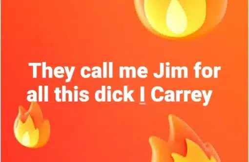Celebrity Memes, Dirty Mind Memes, Dirty Text Memes, Double Meaning Memes, Funniest Memes, Innuendo Memes, Jim Carrey Memes, NSFW, Penis Memes, Play on Words Memes, Pop Culture Memes, Pun Memes, Sex Memes, A bright orange-red meme background fills the frame, decorated with flame emojis that make the whole image feel intentionally “hot” and over-the-top. In the center, large bold white text reads: “They call me Jim for all this dick I Carrey.”