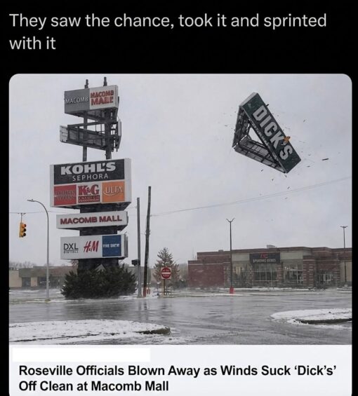 Disaster Memes, Double Meaning Memes, Funniest Memes, Funny Business Names, Funny Sign Memes, Innuendo Memes, News Memes, NSFW, Penis Memes, Play on Words Memes, Pun Memes, Shopping Memes, Weather Memes, The meme shows a wintry, gray parking-lot scene outside Macomb Mall, with the tall roadside mall sign listing stores like Kohl’s, Sephora, Ulta, H&M, and others. Off to the side, a large “DICK’S” sign appears to have been ripped loose and is flying through the air, surrounded by bits of debris, as if powerful winds tore it from the structure. Above the image, the caption says, “They saw the chance, took it and sprinted with it,” while the bottom is styled like a news headline: “Roseville Officials Blown Away as Winds Suck ‘Dick’s’ Off Clean at Macomb Mall.” Macomb Mall and the DICK’S Sporting Goods location in Roseville, Michigan are real, though I could verify the location/store rather than the specific viral headline as an actual news headline. ([stores.dickssportinggoods.com](https://stores.dickssportinggoods.com/mi/roseville/1177/?utm_source=openai))
