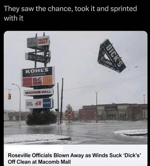 Disaster Memes, Double Meaning Memes, Funniest Memes, Funny Business Names, Funny Sign Memes, Innuendo Memes, News Memes, NSFW, Penis Memes, Play on Words Memes, Pun Memes, Shopping Memes, Weather Memes, The meme shows a wintry, gray parking-lot scene outside Macomb Mall, with the tall roadside mall sign listing stores like Kohl’s, Sephora, Ulta, H&M, and others. Off to the side, a large “DICK’S” sign appears to have been ripped loose and is flying through the air, surrounded by bits of debris, as if powerful winds tore it from the structure. Above the image, the caption says, “They saw the chance, took it and sprinted with it,” while the bottom is styled like a news headline: “Roseville Officials Blown Away as Winds Suck ‘Dick’s’ Off Clean at Macomb Mall.” Macomb Mall and the DICK’S Sporting Goods location in Roseville, Michigan are real, though I could verify the location/store rather than the specific viral headline as an actual news headline. ([stores.dickssportinggoods.com](https://stores.dickssportinggoods.com/mi/roseville/1177/?utm_source=openai))