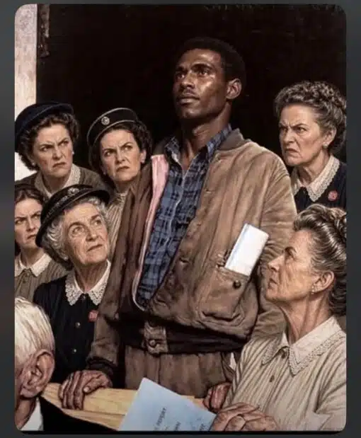 Angry Memes, Black Holdout Juror, Black vs White, Funniest Memes, Funny Text Memes, Judgement Memes, Law Memes, Racist Memes, Weird Memes, WTF Memes, The image looks like a dramatic, old-fashioned courtroom or public hearing scene rendered in a painterly style. A tall Black man stands in the center, tense but composed, while a cluster of older white women around him glare upward with suspicious, disapproving expressions. Papers, benches, dark wood, and period-looking clothing give the scene a serious, historical-drama atmosphere. The transcribed text, “TUP,” appears as a small detail rather than a bold caption, which makes the image feel even stranger: a huge amount of visual intensity is paired with one tiny, unexplained word.