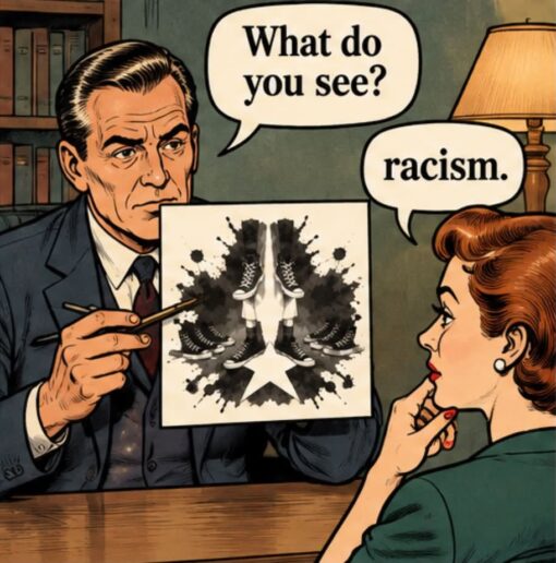 Black vs White, Funniest Memes, Judgement Memes, Optical Illusion Memes, Perspective Memes, Psychology Memes, Racist Memes, Social Memes, A retro comic-style scene shows a stern, suited man holding up an inkblot card during what looks like a psychological test. The black-and-white blot is symmetrical and abstract, with shapes that vaguely resemble shoes or legs in the middle, while the man points at it with a pen and asks, “What do you see?” Across from him, a well-dressed woman with red hair studies the card with a finger on her chin. Her reply, in a separate speech bubble, is blunt and deadpan: “racism.”