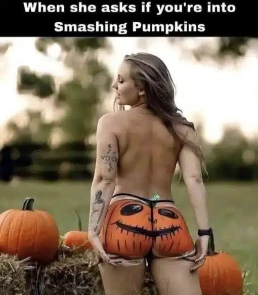 Booty Memes, Dating Memes, Double Meaning Memes, Funniest Memes, Halloween Memes, Innuendo Memes, Music Memes, NSFW, Play on Words Memes, Pop Culture Memes, Pun Memes, Rock Memes, Witch Memes, The meme shows a woman posed outdoors in a fall/Halloween setting, surrounded by pumpkins and hay bales. She is facing away from the camera, with pumpkin-style jack-o’-lantern art painted across her backside, and a visible arm tattoo that reads “WITCH.” At the top, bold white text on a black banner reads: “When she asks if you're into Smashing Pumpkins WITCH,” turning the image into a seasonal, suggestive punchline.