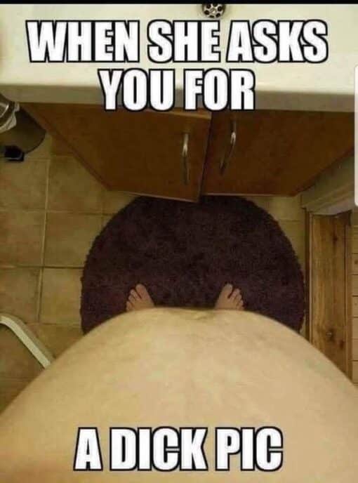 Bathroom Memes, Body Building Memes, Dick Pic Memes, Dirty Mind Memes, Dirty Text Memes, Flirting Memes, Funniest Memes, Not What I Meant Memes, NSFW, Nudes Memes, Penis Memes, Selfie Memes, Sex Memes, A top-down bathroom selfie shows a shirtless person standing in front of a sink, aiming the camera downward so that their bare stomach fills most of the frame. Their feet are visible below, separated by a dark bath mat, while the rounded shape of the belly creates an obvious visual joke before the punchline even lands. Large white impact-font text at the top reads “WHEN SHE ASKS YOU FOR,” and the bottom caption completes it with “A DICK PIC.” The crude phrase contrasts with the image, which comically provides a very literal but useless “pic” where the expected subject is completely hidden by the person’s belly.