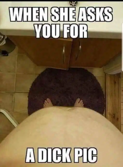 Bathroom Memes, Body Building Memes, Dick Pic Memes, Dirty Mind Memes, Dirty Text Memes, Flirting Memes, Funniest Memes, Not What I Meant Memes, NSFW, Nudes Memes, Penis Memes, Selfie Memes, Sex Memes, A top-down bathroom selfie shows a shirtless person standing in front of a sink, aiming the camera downward so that their bare stomach fills most of the frame. Their feet are visible below, separated by a dark bath mat, while the rounded shape of the belly creates an obvious visual joke before the punchline even lands. Large white impact-font text at the top reads “WHEN SHE ASKS YOU FOR,” and the bottom caption completes it with “A DICK PIC.” The crude phrase contrasts with the image, which comically provides a very literal but useless “pic” where the expected subject is completely hidden by the person’s belly.