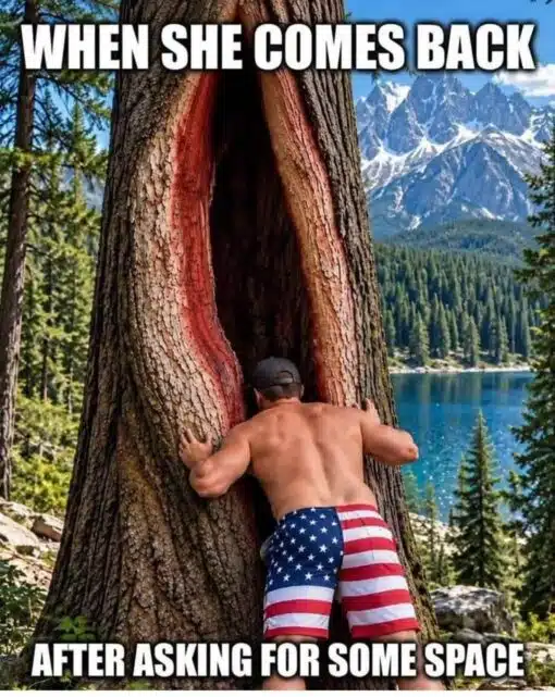 Dating Memes, Dirty Mind Memes, Double Meaning Memes, Funniest Memes, Girlfriend Memes, Innuendo Memes, Men vs Women, Nature Memes, NSFW, Relationship Memes, Sex Memes, Tree Memes, Vagina Memes, A shirtless man in American flag shorts presses himself into a tall, split-open tree trunk in the middle of a scenic mountain forest. The background is postcard-pretty, with evergreen trees, a blue lake, and snowy peaks, while the tree’s long hollow opening creates an obvious visual innuendo. The bold white meme text reads “WHEN SHE COMES BACK” across the top and “AFTER ASKING FOR SOME SPACE” across the bottom, framing the image like a punchline about a relationship break gone very wrong.