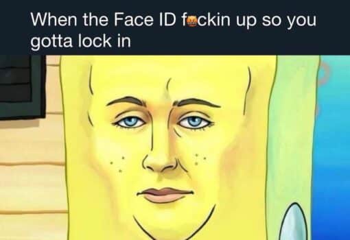 Angry Memes, Frustrated Memes, Funniest Memes, Funny Text Memes, Phone Memes, SpongeBob Memes, Tech Memes, Weird Memes, WTF Memes, The meme shows a close-up of SpongeBob SquarePants, but instead of his usual goofy cartoon face, he has an intensely realistic, human-like face with sharp blue eyes, sculpted features, heavy brows, and a dead-serious stare. The surreal face is pasted onto SpongeBob’s bright yellow body, making him look strangely focused and slightly unsettling.