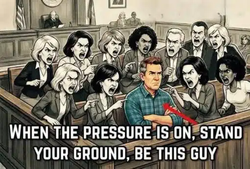 Angry Memes, Argument Memes, Confidence Memes, Empowering Memes, Funniest Memes, Guy Memes, Law Memes, Lindsay Clancy, Men vs Women, Motivational Memes, People Memes, Quote Memes, Stress Memes, A dramatic cartoon courtroom scene shows a stern-looking man in a green plaid shirt sitting rigidly with his arms crossed while nearly everyone around him is yelling, pointing, and leaning toward him in accusation. The judge sits in the background, but the focus is on the man’s stubborn, unimpressed expression as the surrounding crowd appears furious and intense. Across the bottom, bold white all-caps text reads: “WHEN THE PRESSURE IS ON, STAND YOUR GROUND, BE THIS GUY,” with a red arrow pointing directly at the calm man in the middle of the chaos.