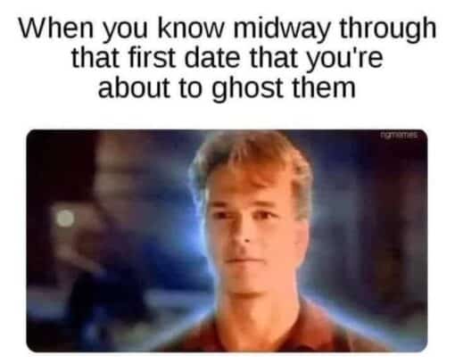 Awkward Memes, Dating Memes, Funniest Memes, Ghost Memes, Movie Memes, Pop Culture Memes, Red Flag Memes, Relationship Memes, Single Memes, The meme places a large caption above a blurry, dramatic movie still of a man glowing with a soft blue-white aura, standing against a dark background like an apparition. The bright, supernatural look makes the word “ghost” feel literal, while the plain black text gives it the casual tone of a relatable dating complaint.