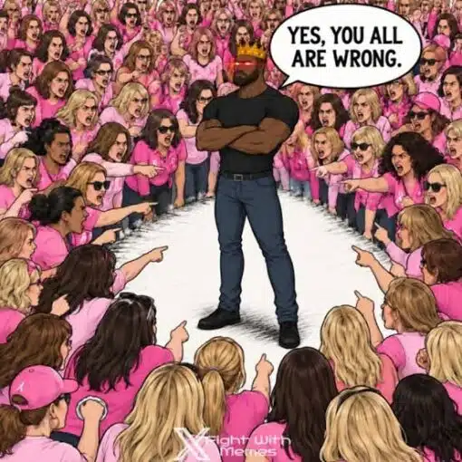Angry Memes, Argument Memes, Black Holdout Juror, Confidence Memes, Funniest Memes, Judgement Memes, Men vs Women, Stupid People Memes, Women Memes, A muscular man in a black shirt and jeans stands alone in the center of a wide aisle, arms crossed and feet planted with total confidence. He wears dark sunglasses with glowing red eyes, giving him an exaggerated, almost superhero-like intensity.