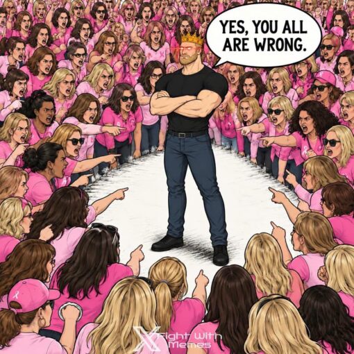 Angry Memes, Argument Memes, Confidence Memes, Funniest Memes, Guy Memes, Judgement Memes, Lindsay Clancy, Mean Memes, Memes About Memes, Men vs Women, Social Memes, Women Memes, A muscular, bearded man wearing a gold crown stands confidently in the middle of a large crowd, arms crossed and expression calm. Around him, dozens of angry women in pink shirts and hats point, shout, and glare at him, creating a dramatic ring of outrage focused entirely on one person.