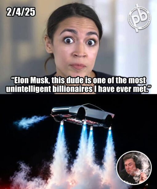 Anti Democrat Memes, AOC Memes, Car Memes, Conservative Memes, Current Event Memes, Dumb Take Memes, Elon Musk Memes, Funniest Memes, Insult Memes, Political Memes, Quote Memes, Tech Memes, Tesla Roadster, The meme is split into two stacked panels. The top shows Alexandria Ocasio-Cortez with wide eyes and a serious expression, stamped with the date “2/4/25” and a large quote calling Elon Musk “one of the most unintelligent billionaires” she has ever met. A circular “pb” Political Blasphemes watermark sits in the corner. The bottom panel shows a sleek, silver, Tesla-like vehicle hovering dramatically in the night sky on bright blue-white rocket plumes, surrounded by smoke and stage lighting. In the lower-right corner, Elon Musk appears in a small circular inset wearing headphones and holding a cigar or smoking object, giving a smug, unimpressed look.