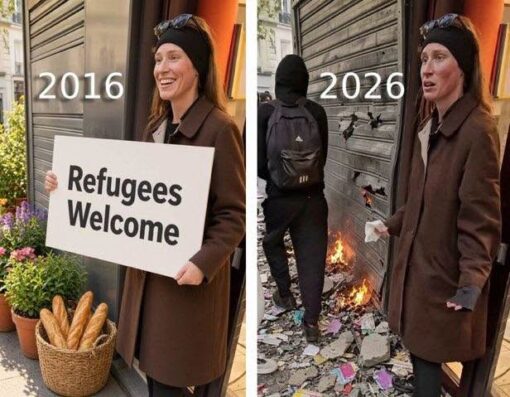 Activist Memes, Current Event Memes, Double Standard Memes, Expectation vs Reality, Funniest Memes, How it started - How its going, Immigration Memes, Ironic Memes, Offensive Memes, Political Memes, Protestor Memes, Voting consequences girl, A split-screen “then vs. now” meme shows the same woman in two contrasting scenes. On the left, labeled “2016,” she smiles warmly while holding a sign that reads “Refugees Welcome,” standing near flowers and a basket of bread in a tidy, welcoming doorway scene.
