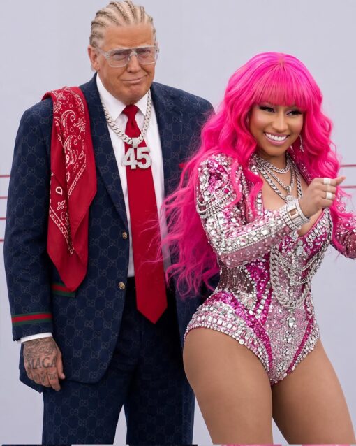 American Memes, Celebrity Memes, Conservative Memes, Donald Trump Memes, Funniest Memes, MAGA Memes, Mashup Memes, Political Memes, Pop Culture Memes, Pro Republican Memes, Rap Memes, Right Wing Memes, Trump and Nicki’s Ass, The image shows a glossy, obviously stylized mashup of Donald Trump standing beside a bright pink-haired Nicki Minaj-like performer in a sparkling pink stage outfit. Trump is dressed in an exaggerated designer-style suit with braided hair, oversized glasses, a red tie, a red bandana over one shoulder, and a large diamond “45” pendant, while “MAGA” appears tattooed across his hand. The visual leans hard into celebrity-rap-video excess: jewelry, flashy fashion, posed confidence, and neon-pink glam, all placed onto a political figure normally associated with suits, rallies, and campaign branding.
