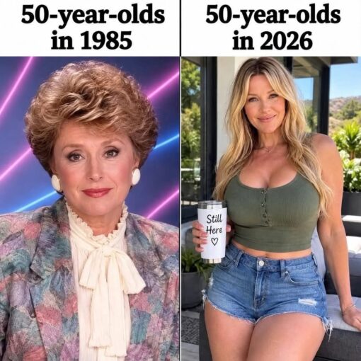80s Memes, Expectation vs Reality, Fashion Memes, Funniest Memes, Gen X Memes, Generation Memes, Generation Wars Memes, Getting Old Memes, Good Ole Days Memes, Looking Old Memes, Old People Memes, Old vs Young Memes, Time Memes, A split-panel meme compares two versions of being 50 years old. On the left, labeled “50-year-olds in 1985,” a woman is styled in a very 1980s way: short curled hair, formal blouse with a bow, pastel patterned jacket, pearl-like earrings, and a studio portrait backdrop with neon streaks.