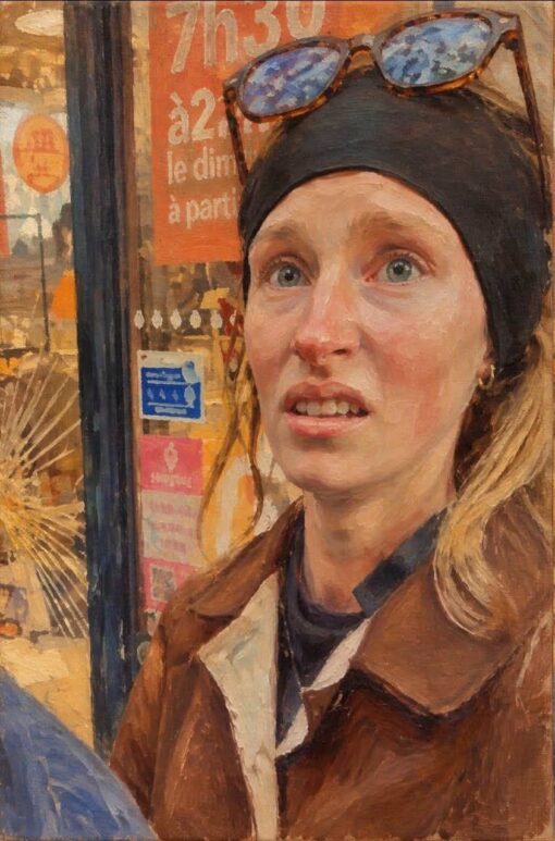 Confused Memes, Funniest Memes, Funny Text Memes, Language Memes, Time Memes, Voting consequences girl, WTF Memes, A painterly, almost impressionistic portrait shows a woman standing outside a shop or café window, wearing a black head covering with sunglasses perched on top. Her eyes are wide and her mouth is slightly tense, giving her a startled, baffled expression as if she has just read something that does not quite make sense.