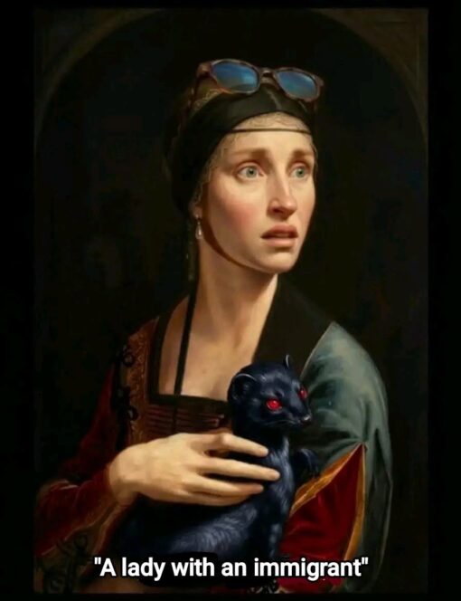 AI Memes, Animal Memes, Art Memes, Funniest Memes, Funny Text Memes, Immigration Memes, Misunderstanding Memes, Play on Words Memes, Useful Idiot, Voting consequences girl, Weird Memes, WTF Memes, The image shows a dramatic, Renaissance-style portrait of a pale woman in old-fashioned clothing, turned slightly to the side with a startled, wide-eyed expression. She wears a dark head covering with modern-looking goggles perched on top, creating an odd blend of antique and contemporary details.
