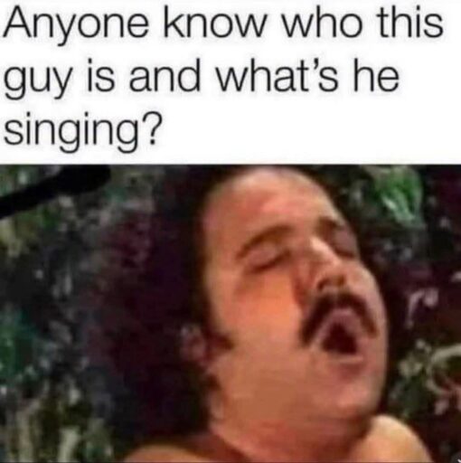 Celebrity Memes, Confused Memes, Double Meaning Memes, Funniest Memes, Funny Text Memes, Guy Memes, Music Memes, NSFW, Pop Culture Memes, Porn Memes, Ron Jeremy Memes, Song Memes, A simple white caption block sits above a grainy, zoomed-in image of a mustached man with thick dark hair, his eyes closed and mouth open as if he is belting out a dramatic note. The low-resolution still makes him look frozen mid-performance, like an accidental screenshot from a music video or karaoke clip. The text asks, “Anyone know who this guy is and what's he singing?” which frames the image as an innocent request for help identifying a singer, even though the awkward expression and recognizable face are what make the setup feel suspiciously loaded.