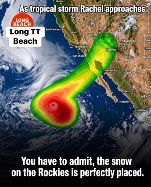 Current Event Memes, Dirty Mind Memes, Double Meaning Memes, Funniest Memes, Geography Memes, Hurricane Memes, Innuendo Memes, Map Memes, News Memes, NSFW, Penis Memes, Play on Words Memes, Weather Memes, A satellite-style weather map of the western United States and Mexico shows a brightly colored storm forecast overlay stretching from the Pacific Ocean toward the Southwest. The green, yellow, orange, and red storm shape curves upward toward Arizona and Southern California in a way that is unmistakably suggestive, while city labels like Long Beach, San Diego, Phoenix, Las Vegas, and Denver anchor it in a real map setting. Large white text at the top reads “As tropical storm Rachel approaches,” and a Long Beach label on the left is comically altered into “Long TT Beach.” At the bottom, the caption points out that “the snow on the Rockies is perfectly placed,” drawing attention to the white mountain snow near Colorado as part of the visual gag.