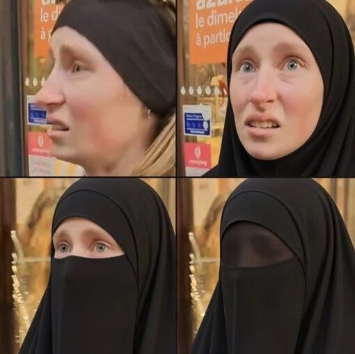 Confused Memes, Funniest Memes, Funny Text Memes, Muslim Memes, Religious Memes, Useful Idiot, Voting consequences girl, WTF Memes, A four-panel image shows the same pale, wide-eyed woman in front of a storefront window, with a cropped sign behind her reading “azur / le dime / a partic.” In the first two panels she wears a black head covering that frames her face, looking increasingly startled or confused as the camera angle shifts from profile to front-facing.