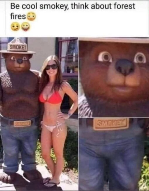Awkward Memes, Bear Memes, Costume Memes, Dirty Mind Memes, Double Meaning Memes, Environmental Memes, Funniest Memes, Horny Memes, Innuendo Memes, Nature Memes, Pop Culture Memes, Smoking Memes, Tree Memes, The meme shows a photo collage of a Smokey Bear mascot posing outdoors beside a smiling woman in a red-and-white bikini. Smokey is wearing his signature ranger hat and blue jeans, with “SMOKEY” visible on both the hat and belt buckle.