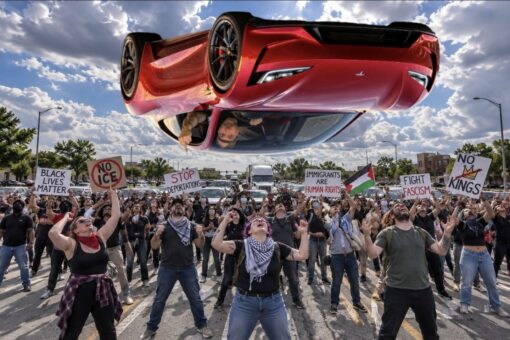 Activist Memes, BLM Memes, Car Memes, Current Event Memes, Free Palestine Memes, Funniest Memes, Funny Sign Memes, Government Memes, Immigration Memes, Leftist Memes, Political Memes, Protestor Memes, Tesla Roadster, WTF Memes, A crowded street protest fills the foreground, with demonstrators looking upward, cheering, and holding handmade signs that read “BLACK LIVES MATTER,” “NO ICE,” “STOP DEPORTATIONS,” “IMMIGRANTS ARE HUMAN RIGHTS,” “FIGHT FASCISM,” and “NO KINGS.” A Palestinian flag is visible in the crowd, adding to the atmosphere of a broad activist rally. Above them, a glossy red sports car appears absurdly suspended upside down in midair, with a person hanging out of the window as if the vehicle has been flipped into the sky. The dramatic clouds, the open roadway, and the crowd’s raised arms make the scene look like a surreal action-movie still dropped into a political demonstration.