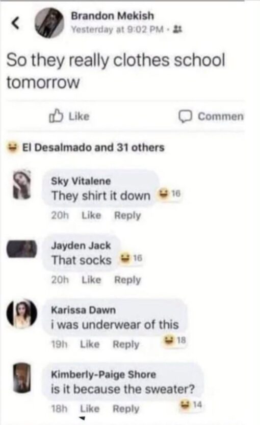 Facebook Memes, Fashion Memes, Funniest Memes, Funny Comments Memes, Funny Text Memes, Grammar Memes, Mistaken Text, Misunderstanding Memes, Play on Words Memes, Pun Memes, School Memes, Social Media Memes, Style Memes, A blurry screenshot of a Facebook post shows someone asking, “So they really clothes school tomorrow,” accidentally using “clothes” instead of “close.” The post has the familiar Facebook layout, with a profile name at the top, Like and comment controls underneath, and a thread of replies below.