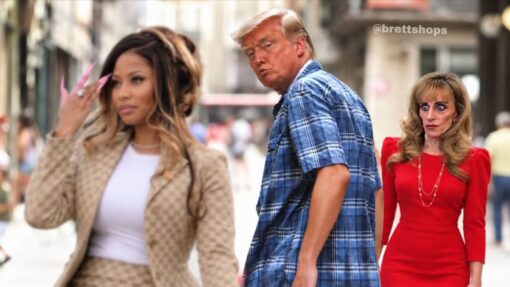 Celebrity Memes, Donald Trump Memes, Funniest Memes, Mashup Memes, Memes About Memes, Political Memes, Pop Culture Memes, Social Media Memes, Trump and Nicki’s Ass, A photoshopped version of the classic “Distracted Boyfriend” scene shows Donald Trump placed in the center as the man in a blue plaid shirt, turning around with a pursed, side-eye expression. In the foreground, a glamorous Nicki Minaj-like figure with long hair, patterned outfit, and pink nails walks past, slightly blurred like the original “temptation” character.