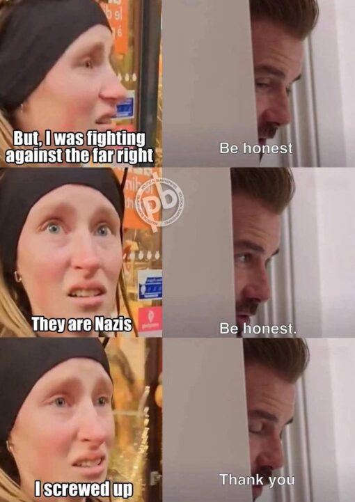 Activist Memes, Argument Memes, Conversation Memes, Dumb Take Memes, Funniest Memes, Ironic Memes, Leftist Memes, Liberal vs Conservative Memes, Nazi Memes, Political Memes, Protestor Memes, Regret Memes, Right Wing Memes, Voting consequences girl, A six-panel meme shows a tense back-and-forth between two people. On the left, a woman in a black head covering appears to be explaining herself in three escalating captions: “But, I was fighting against the far right,” then “They are Nazis,” and finally “I screwed up.” On the right, a man peeks from behind a wall or doorway, calmly repeating “Be honest” until the final panel, where he answers, “Thank you.” The visual rhythm makes it feel like a miniature confession scene: one person keeps offering ideological justifications, while the other patiently waits for the simpler admission underneath. The woman’s changing facial expressions and the man’s unblinking, deadpan stare add to the pressure-cooker feeling of the exchange.