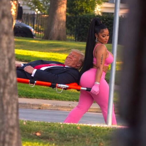 Bad Tattoo Memes, Celebrity Memes, Chinese Memes, Cringe Memes, Donald Trump Memes, Funniest Memes, Language Memes, Political Memes, Pop Culture Memes, Tattoo Memes, Translation Memes, Trump and Nicki’s Ass, WTF Memes, The image shows a staged, highly polished scene of a Donald Trump-like man lying on an orange stretcher outdoors, smiling with a pleased expression as he is carried alongside a Nicki Minaj-like woman in a bright pink athletic outfit. She is walking past him with her back turned toward the camera, and the composition makes his gaze and grin the visual punchline. On her upper arm is a vertical tattoo made of Chinese characters: 苛我嚴學校. The tattoo is prominent enough to read, but it also looks awkward and out of place, adding a second joke layer beyond the celebrity-political setup.