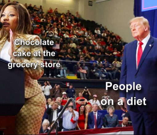 Cake Memes, Diet Memes, Donald Trump Memes, Food Memes, Funniest Memes, Grocery Memes, Self Discipline Memes, Shopping Memes, Trump and Nicki’s Ass, Weight Loss Memes, The meme shows a crowded political-event scene with a woman speaking at a podium on the left and Donald Trump standing on the right, eyes closed with a solemn, almost reverent expression. Large white meme text labels the woman/podium area as “Chocolate cake at the grocery store” and labels Trump as “People on a diet.” The framing makes it look like the person labeled “People on a diet” is intensely aware of, or emotionally affected by, the “Chocolate cake” nearby. The busy rally background adds drama to what is really a simple grocery-store temptation joke.