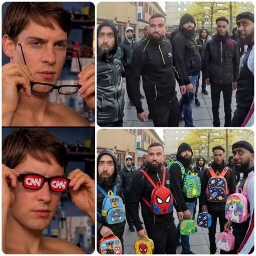 Cartoon Memes, Comic Book Memes, Dinosaur Memes, Dog Memes, Fantasy Memes, Funniest Memes, Kid Memes, Marvel Memes, Media Memes, News Memes, Spider-Man Memes, Super Hero Memes, TV Series Memes, The meme is arranged like a four-panel comparison. On the left, a young man first holds a pair of glasses, then puts them on; the lenses are humorously labeled “CNN,” implying that the glasses change what he sees. On the right, a group of tough-looking men standing outdoors appear normal in the top panel.