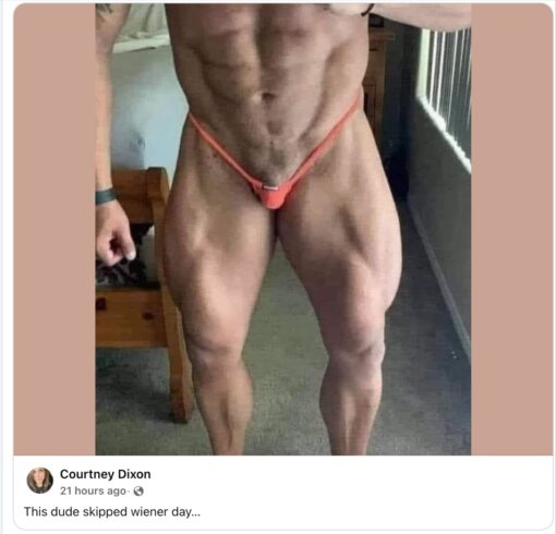 Body Building Memes, Fitness Memes, Funniest Memes, Gym Memes, Innuendo Memes, NSFW, Penis Memes, Roast Memes, Small Dick Memes, Workout Memes, The meme shows a cropped social media post featuring a very muscular man taking a mirror-style torso selfie. His abs, arms, and especially legs are extremely defined, while he wears a tiny red thong-like garment that makes the covered area look comically small compared with the rest of his physique.